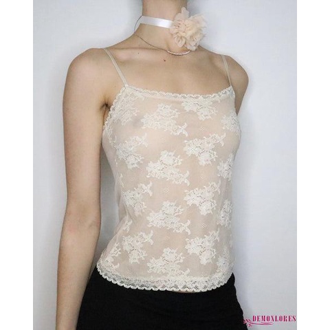 Áo Croptop Hai Dây Phối Ren Xuyên Thấu Thời Trang Mùa Hè Quyến Rũ Cho Nữ