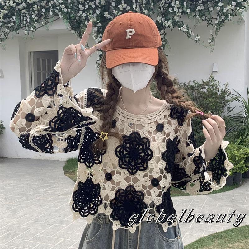 Áo Croptop Dệt Kim Tay Dài Cổ Tròn In Họa Tiết Hoa Thời Trang Xuân Hè Cho Nữ