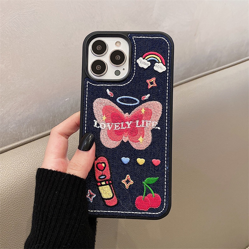 Ốp Điện Thoại Vải Denim Mềm Thêu Hình Trái Tim / Bướm Sang Trọng Chống Sốc / Rơi Cho iPhone 14 13 12 11 Pro Max 14 Plus