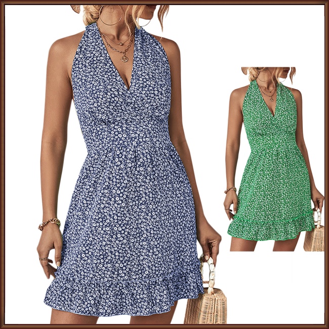 Đầm Ngắn Không Tay Cổ Chữ V Hở Lưng In Hoa Thời Trang Mùa Hè Quyến Rũ Cho Nữ