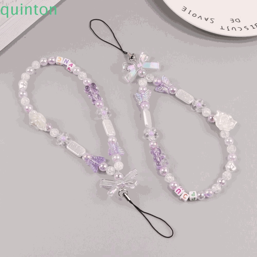 QUINTON Dây Đeo Điện Thoại Trong Suốt Xâu Hạt Hình Bướm Lãng Mạn