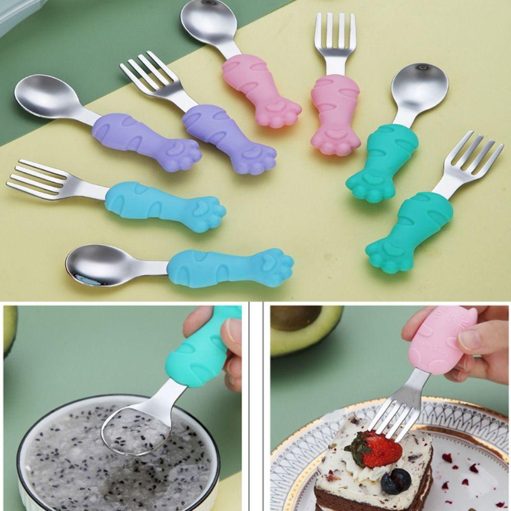 NIUYOU Bộ Muỗng Nĩa Bằng Thép Không Gỉ Và Silicone Cho Bé Tập Ăn