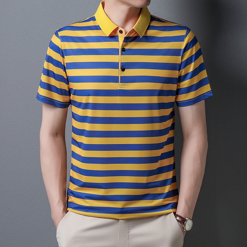 Áo Thun polo Cotton Lụa Lạnh Mỏng Dáng Rộng Tay Ngắn Kẻ Sọc Thoáng Khí Thời Trang Cho Nam