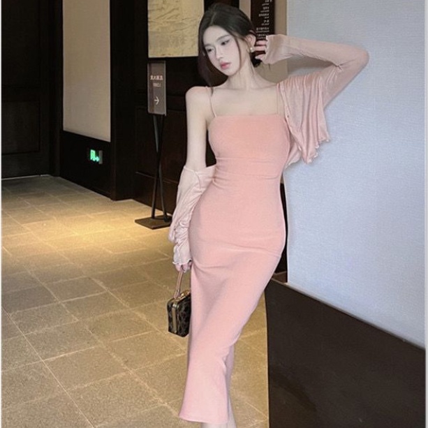 COZOK Bộ Đầm Màu Trơn + Áo Khoác cardigan Tay Dài Thời Trang Quyến Rũ Cho Nữ