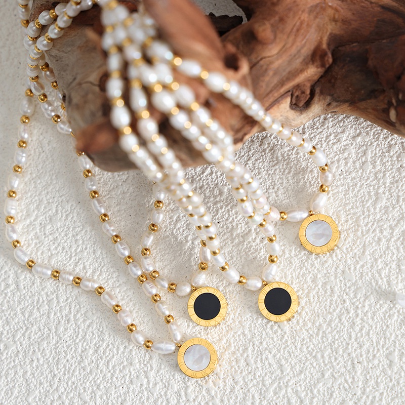 Vòng cổ Hai Mặt Bằng Thép Không Gỉ Mạ Vàng Đính Ngọc Trai Sang Trọng Phong Cách Dongdaemun