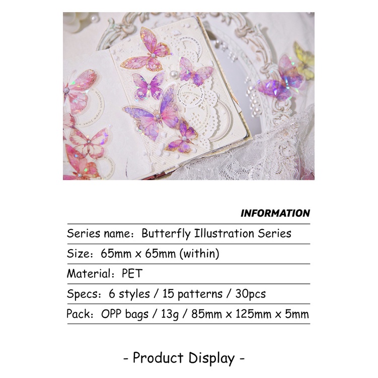 Set 30 Tấm Hình Dán PET Goo Họa Tiết Bướm Vintage Sáng Tạo DIY