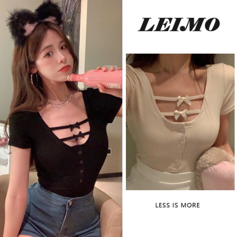 Áo Thun Nữ Ngắn Tay Khoét Lỗ Đính Nơ Phong Cách Mới