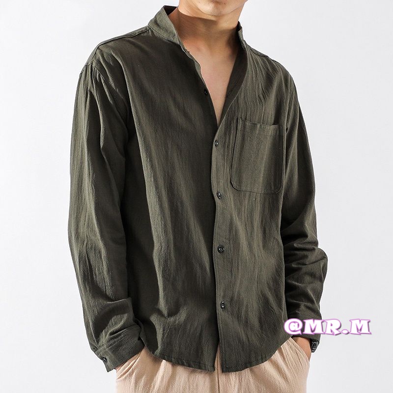 Áo Sơ Mi Cotton Lanh Mỏng Tay Dài Cổ Đứng Dáng Ôm Phong Cách Retro Nhật Bản Cho Nam Giới