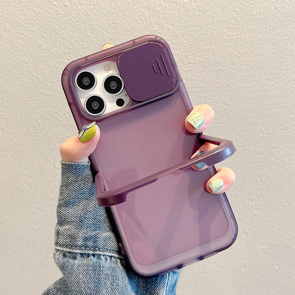 Ốp Điện Thoại TPU Mềm Màu Trơn Có Giá Đỡ Dạng Đẩy Chống Sốc Bảo Vệ Ống Kính Máy Ảnh Cho IPhone 11 12 13 14 Pro Max