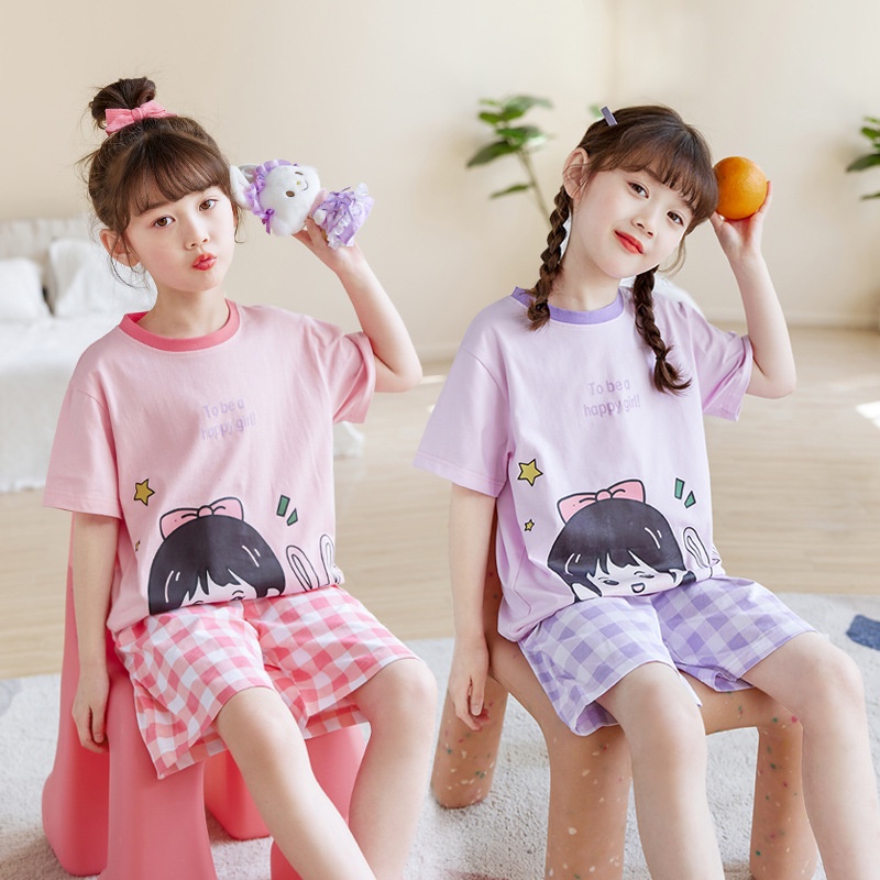 Bộ Đồ Ngủ Tay Ngắn Chất cotton Mỏng Nhẹ In Họa Tiết Hoạt Hình Dễ Thương Thời Trang Mùa Hè Cho Bé Gái