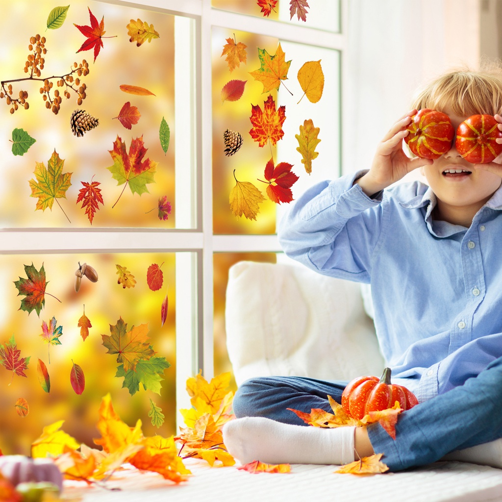 Set 9 Miếng Dán Cửa Kính Bằng PVC Hình Lá Phong Có Thể Tái Sử Dụng