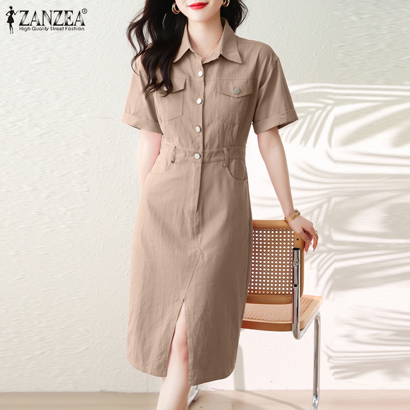 Đầm Ngắn Tay Màu Trơn Cài Nút Phía Trước Thời Trang Cho Nữ ZANZEA