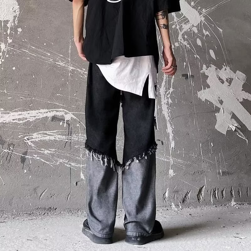 Quần Jeans Tua Rua Dáng Rộng Màu Sắc Tương Phản Phong Cách Harajuku Đường Phố Cho Nam Giới