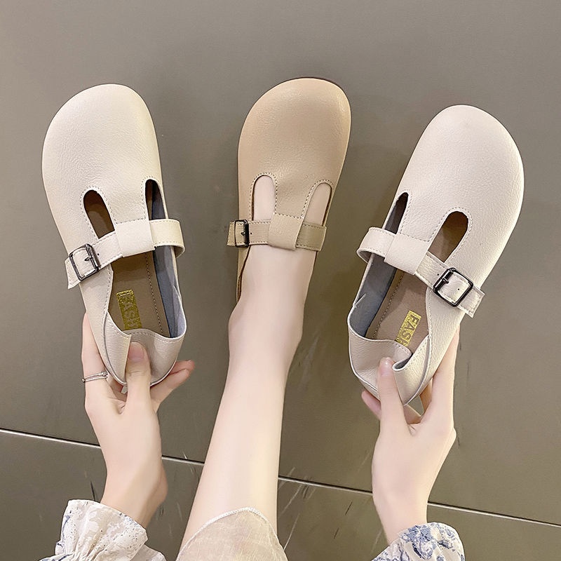 Giày Sandal Da Đế Bằng Chống Trượt Phong Cách Retro Cho Nữ