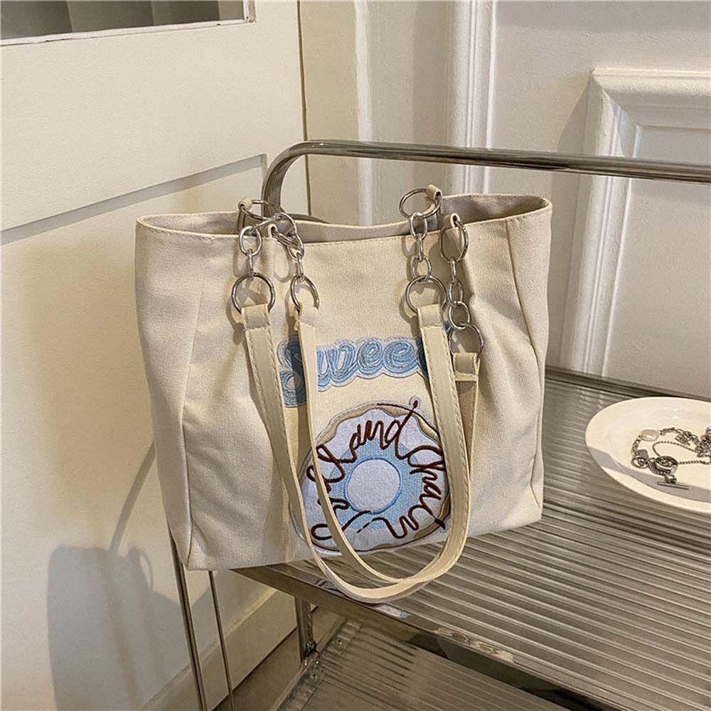 FALLFORBEAUTY Túi Tote Vải Canvas Thêu Chữ Sức Chứa Lớn Tái Sử Dụng Được Thiết Kế Dễ Thương Cho Học Sinh