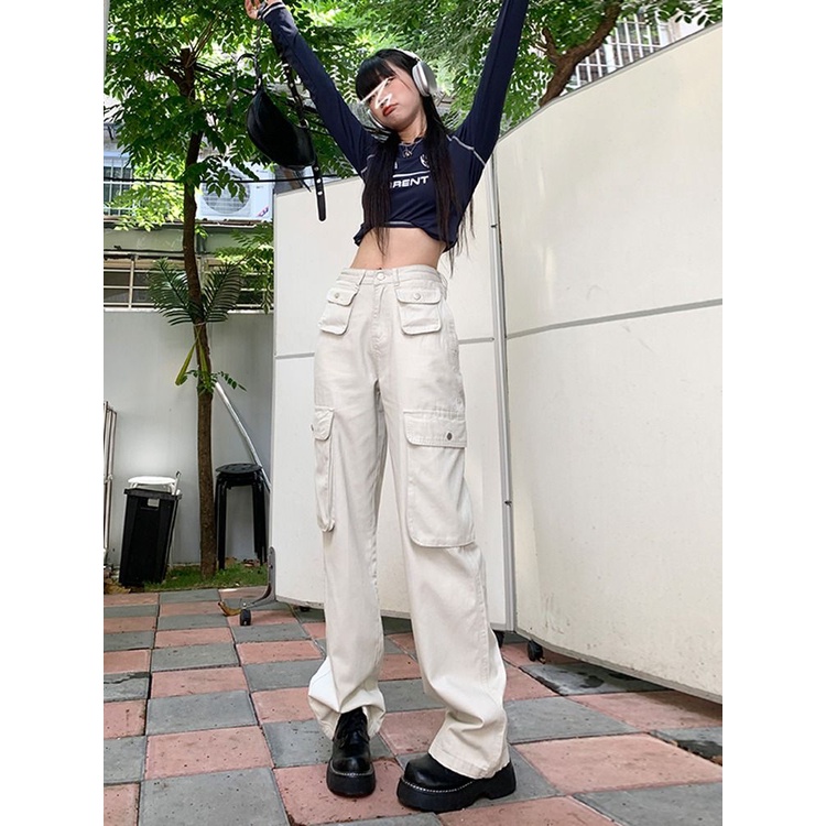 Quần Jean Dài Ống Rộng Lưng Cao Phong Cách Hip Hop Đường Phố Mỹ Ngọt Ngào Thời Trang Xuân Hè Mới Cho Nữ