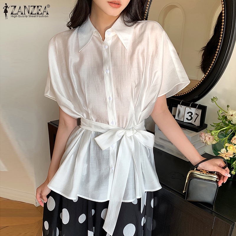 ZANZEA Áo Sơ Mi Ngắn Tay Xếp Ly Cổ Bẻ Thời Trang Hàn Quốc Cho Nữ