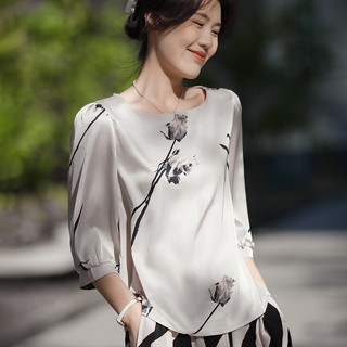 Áo Thun Tay Lửng Cổ Tròn Vải Lụa Satin Mềm Mại Thoáng Khí In Họa Tiết Hoa Thời Trang Mùa Hè Cho Nữ