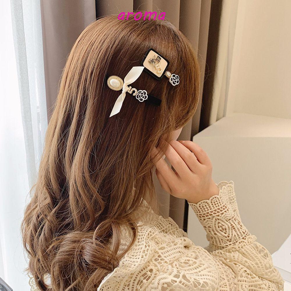 AROMA Kẹp Tóc Hình Nơ Bằng Kim Loại Đính Hoa Trà Phong Cách Hàn Quốc Sang Trọng