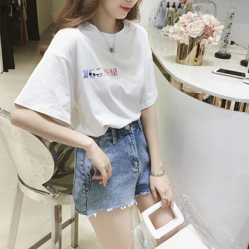 Áo Thun PJY Mùa Hè Dáng Suông Tay Cộc Cổ Tròn In Chữ Nhiều Màu Cho Nữ