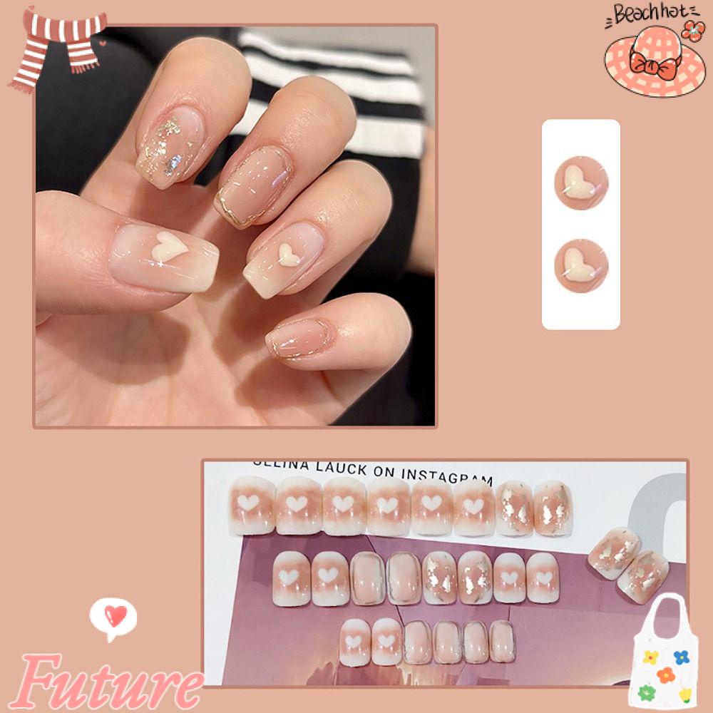 FUTURE Bộ 24 Móng Tay Giả Hình Trái Tim Che Phủ Toàn Diện Có Thể Tái Sử Dụng Cho Nữ