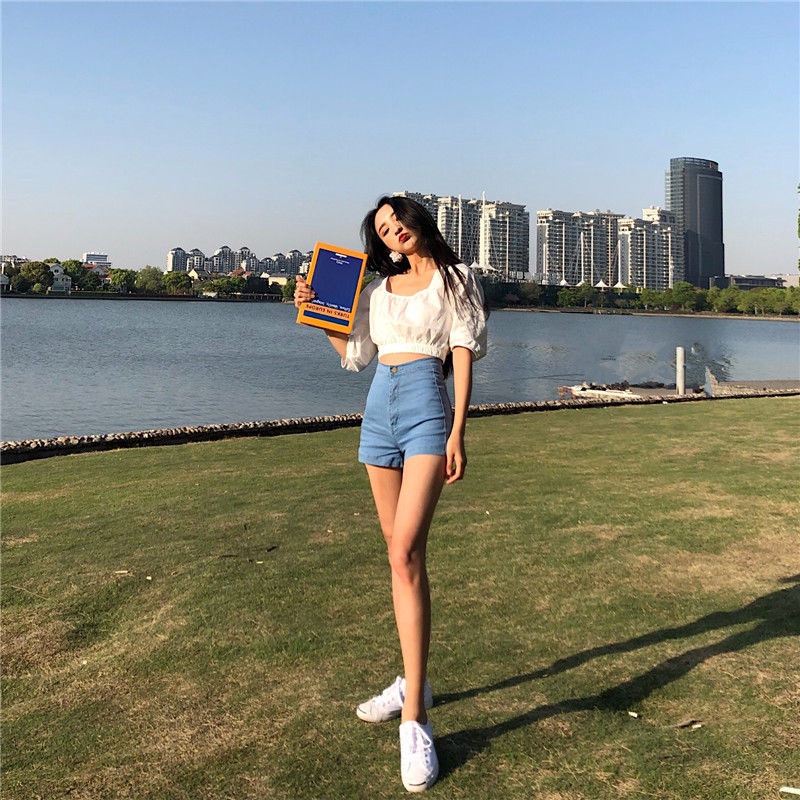 Quần Short Denim Lưng Cao Dáng Ôm Co Giãn Phong Cách Hong Kong Cổ Điển Thời Trang Mùa Hè Hàng Mới Dành Cho Bạn Nữ