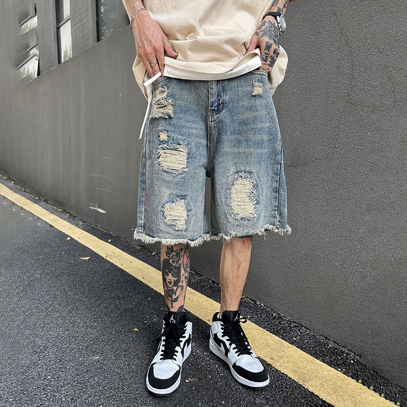 Quần Short Denim Rách Phong Cách Hip Hop Đường Phố Mỹ Cá Tính