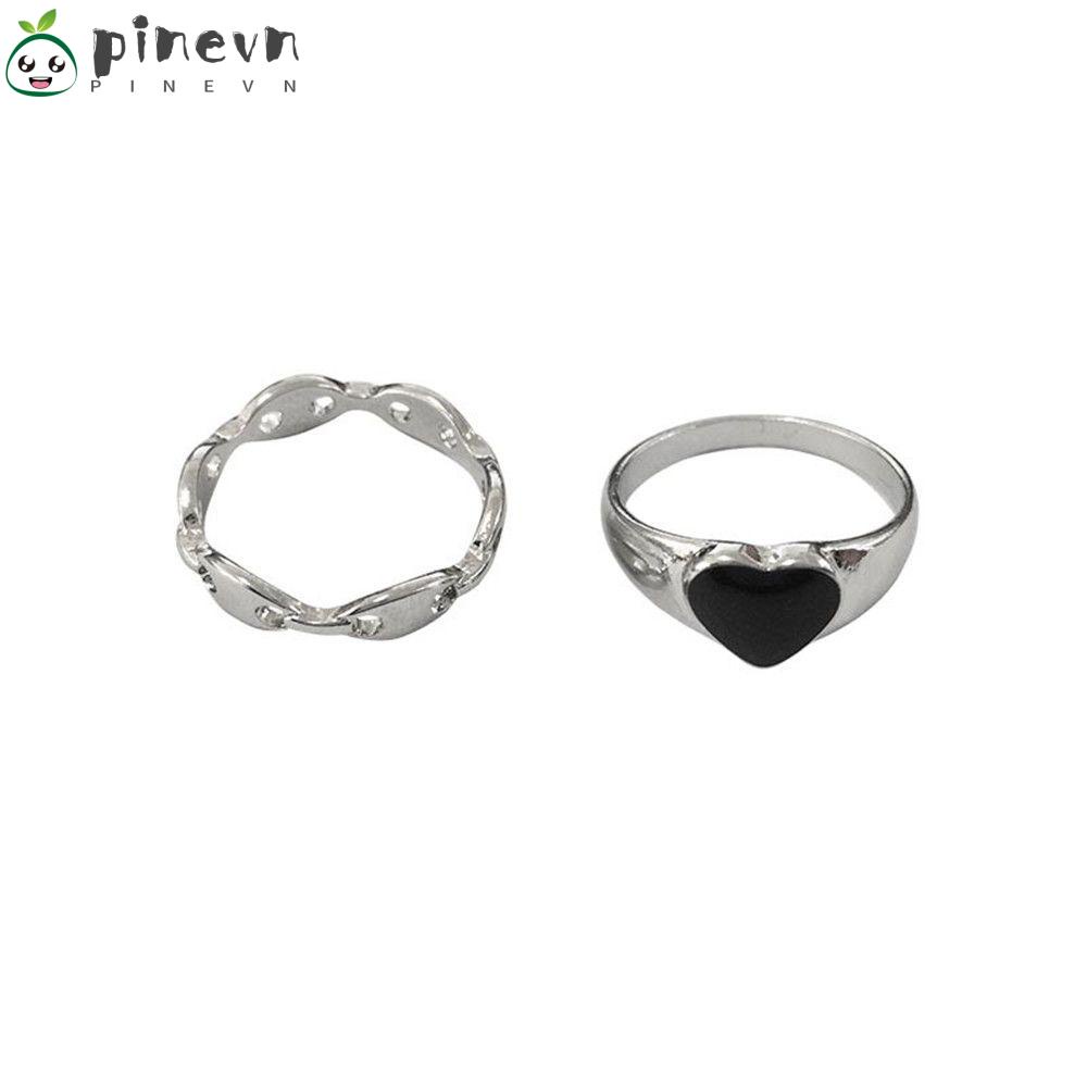 PINEVN Nhẫn Xi Mạ Bạc Hình Trái Tim Màu Đen
