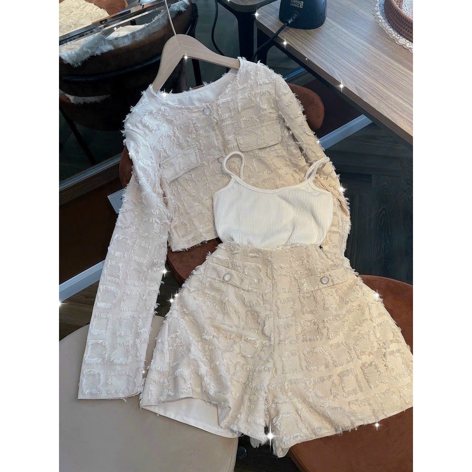 Set croptop dạ long vũ kèm áo croptop trong + short kem