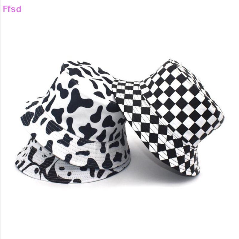 {Ffsd} Mũ Bucket Họa Tiết Bò Sữa Trắng Đen Có Thể Đảo Ngược Thời Trang * Bán Chạy