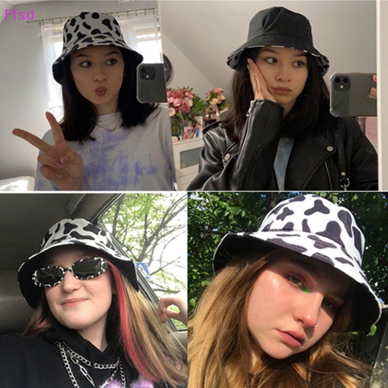 {Ffsd} Mũ Bucket Họa Tiết Bò Sữa Trắng Đen Có Thể Đảo Ngược Thời Trang * Bán Chạy