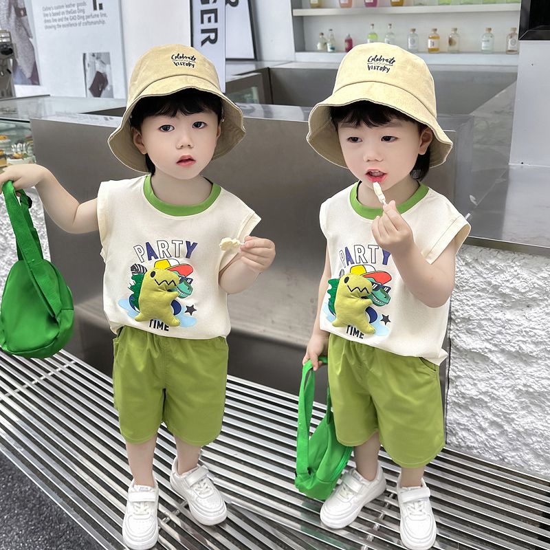 Bộ Áo Thun Ba Lỗ + Quần Short Dáng Rộng In Họa Tiết Dễ Thương Phong Cách Hàn Quốc Thời Trang Mùa Hè Cho Bé Trai