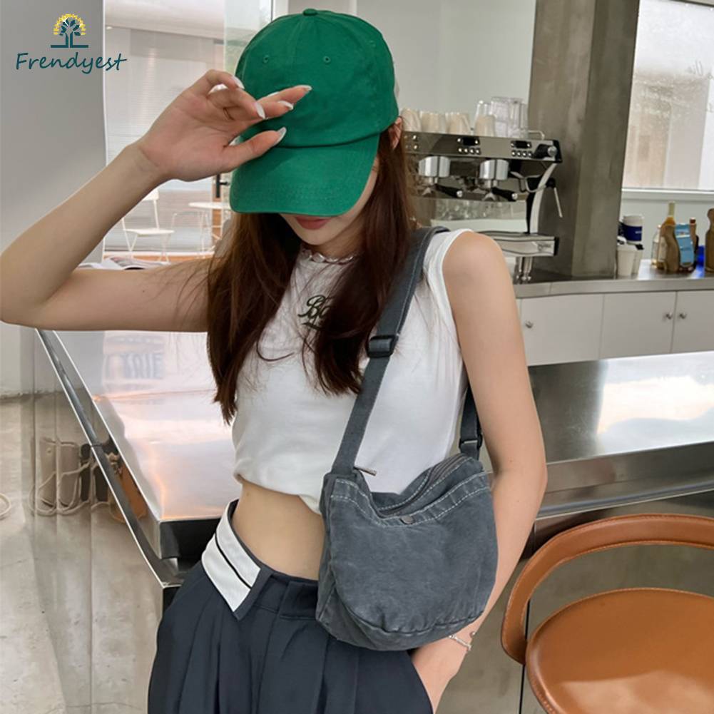 Túi Canvas Đeo Chéo Có Khóa Kéo Phong Cách Retro Thời Trang Cho Nữ