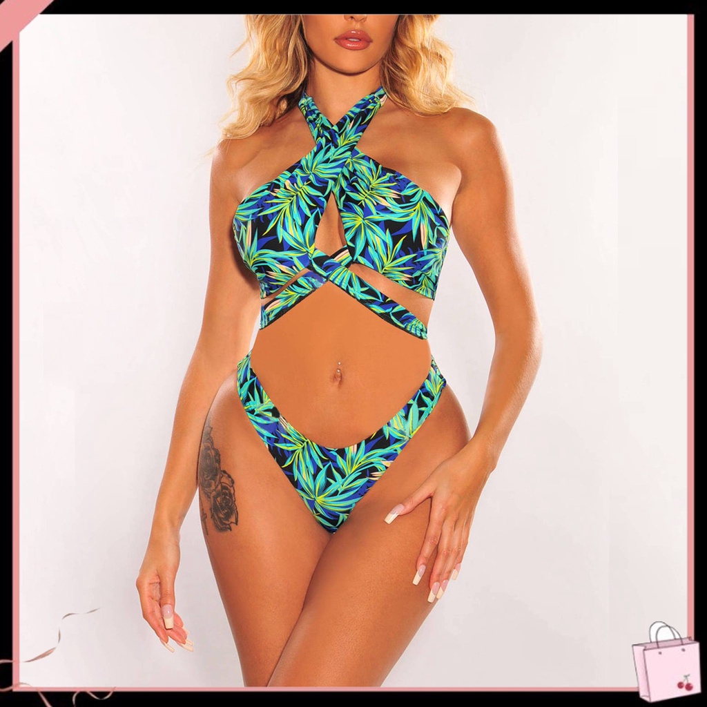 Bộ Bikini 2 Mảnh Lưng Cao Có Đệm Ngực In Họa Tiết Lá Cây Quyến Rũ Cho Nữ