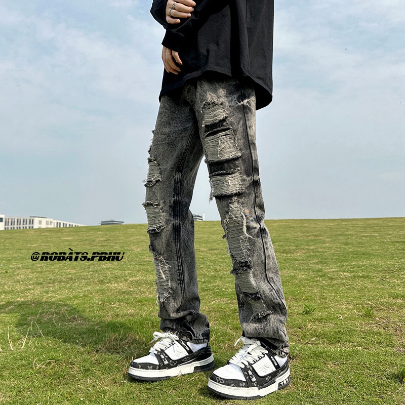 Quần Jean Dài Dáng Rộng Cỡ Lớn Rách Gối Kiểu Đường Phố Mỹ Cá Tính Cho Nam Và Nữ