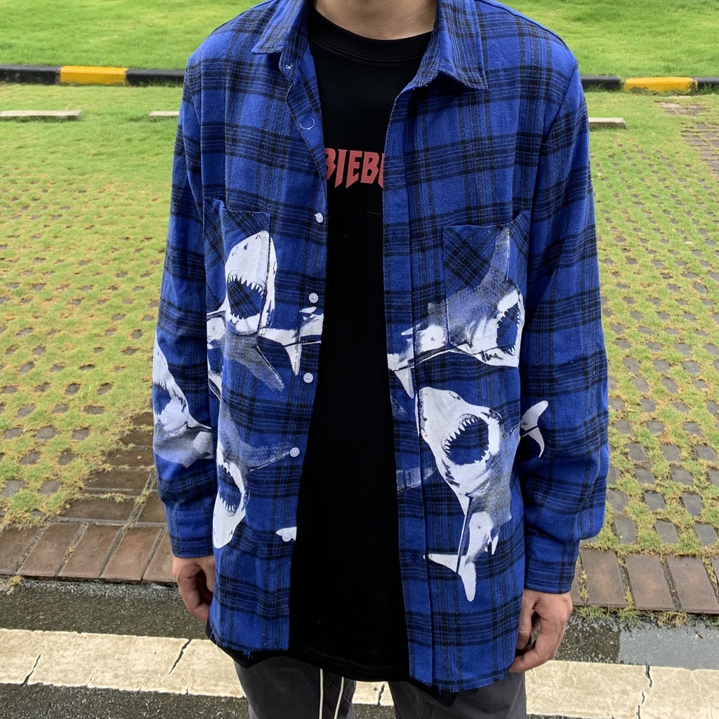 Áo Khoác Sơ Mi Dáng Rộng Họa Tiết Cá Mập Xanh Dương Phong Cách Retro Đường Phố Hàn Quốc Thời Trang Mùa Hè Dành Cho