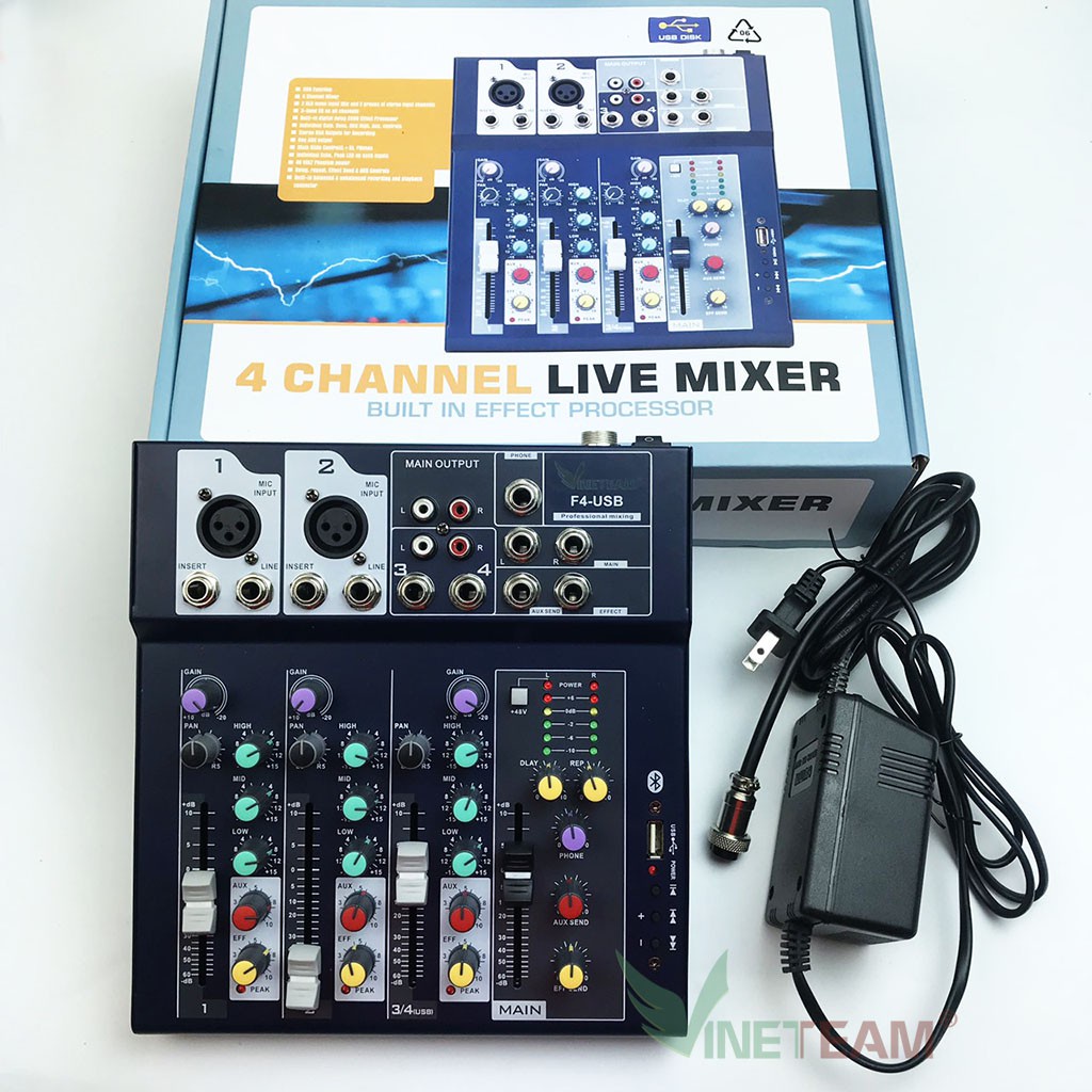 VINETTEAM F4 USB-BỘ CHỘN ÂM THANH KARAOKE MIXER ,EQ tuỳ chỉnh chế độ âm thanh,4 kênh đầu vào -DC4360