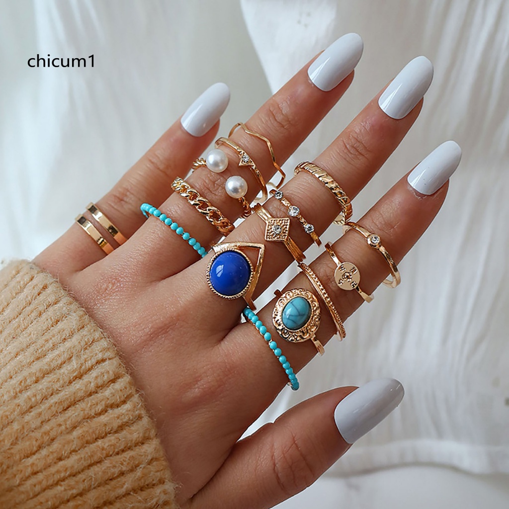 Set 15 Nhẫn Đốt Ngón Tay Đính Ngọc Lam Giả Phong Cách Vintage