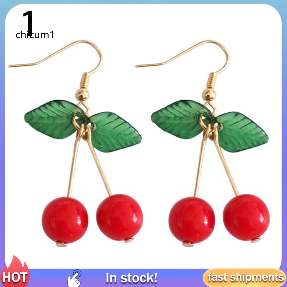 Bông Tai Dạng Móc Hình Trái Cherry Đỏ / Lá Xanh Ngọt Ngào Cho Nữ