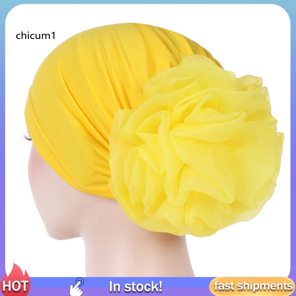 Mũ Trùm Đầu Co Giãn Bằng Sợi Vải Sữa Đính Hoa Lớn Màu Sắc Trơn Thanh Lịch