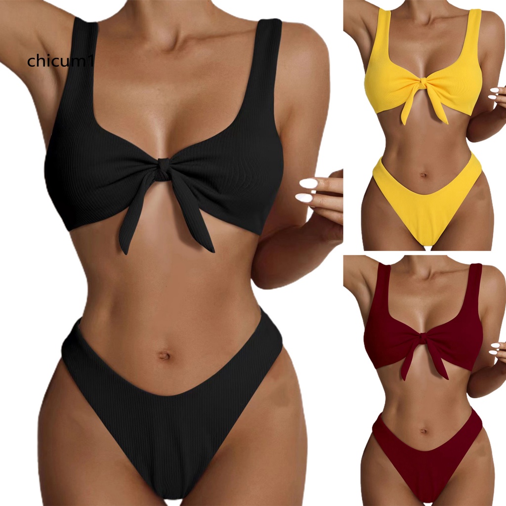 Cc Bộ Đồ Bơi Bikini Tam Giác Lưng Cao Thắt Nút Phía Trước Màu Trơn Gợi Cảm Cho Nữ