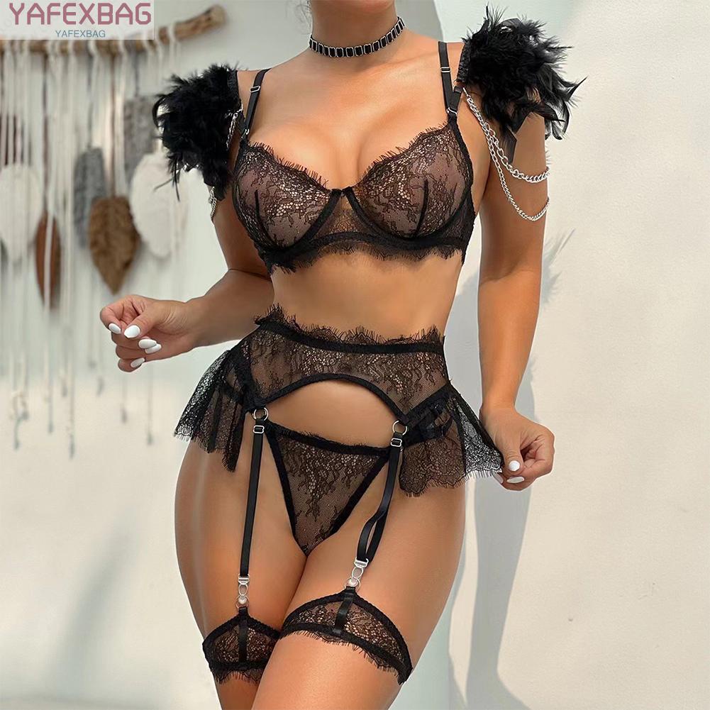 Sensational Lace Feather Lingerie 3 Piece Bra Set Chain Panties Garters Included