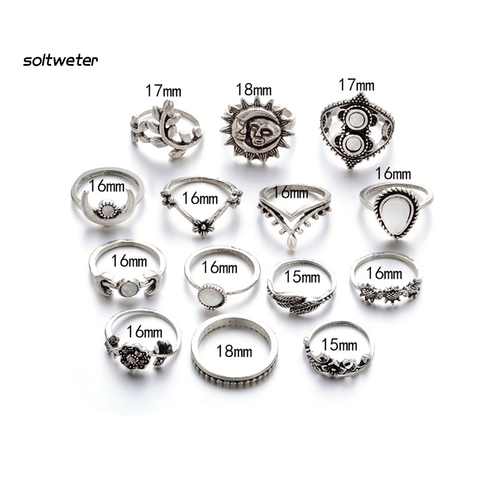 Bộ 14 Nhẫn Đeo Đốt Ngón Tay Họa Tiết Hoa Hướng Dương / Mặt Trăng Phong Cách Vintage