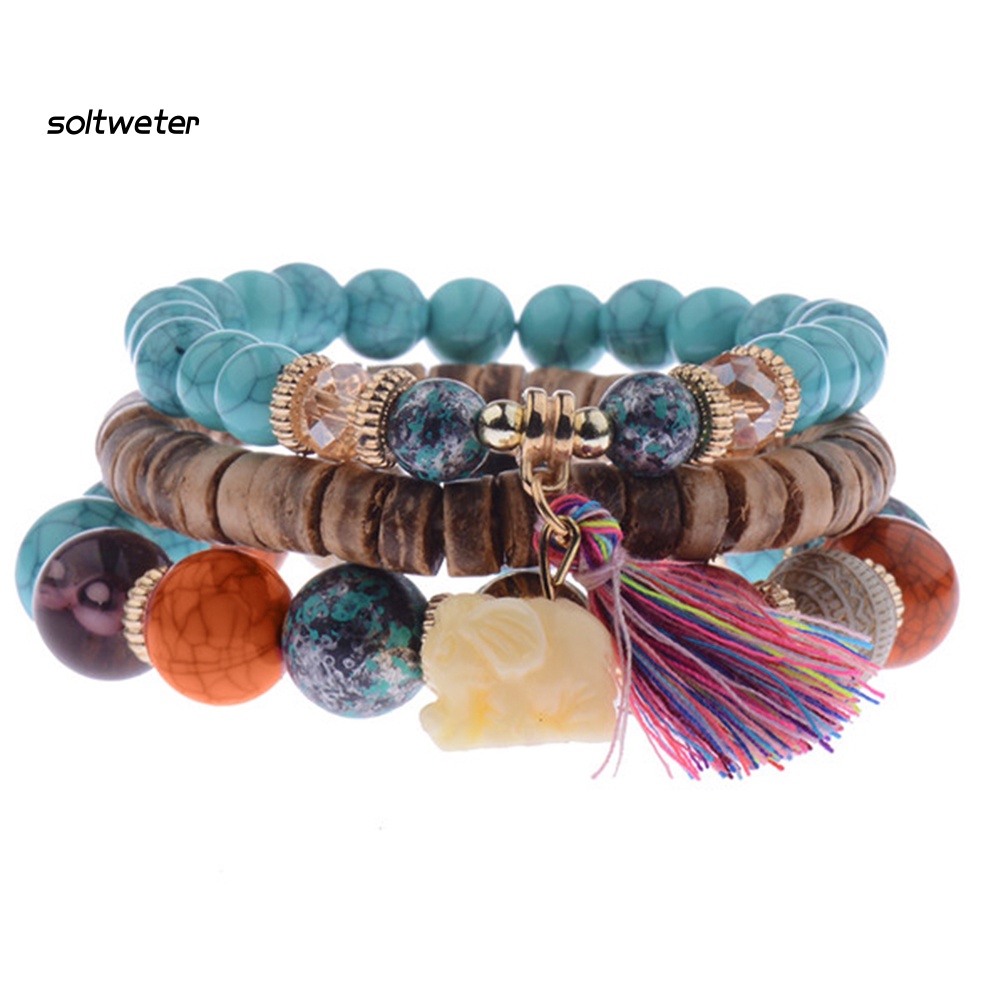 Bộ 3 Vòng Tay Chuỗi Hạt Phối Tua Rua Phong Cách Bohemian Thời Trang Cho Nữ