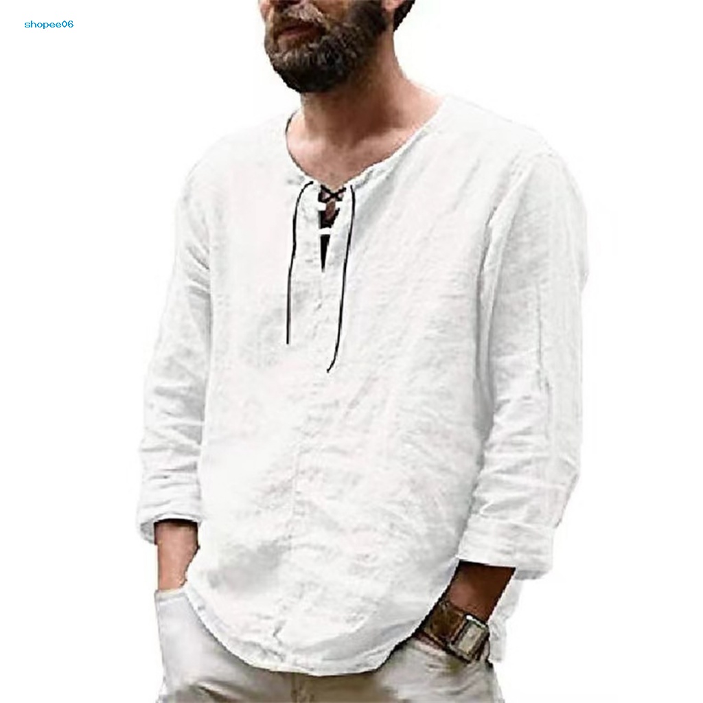 Áo Thun Tay Dài Cổ Tròn Dáng Rộng Màu Trơn Phối Dây Rút Phong Cách Vintage Thời Trang Mùa Hè Cho Nam