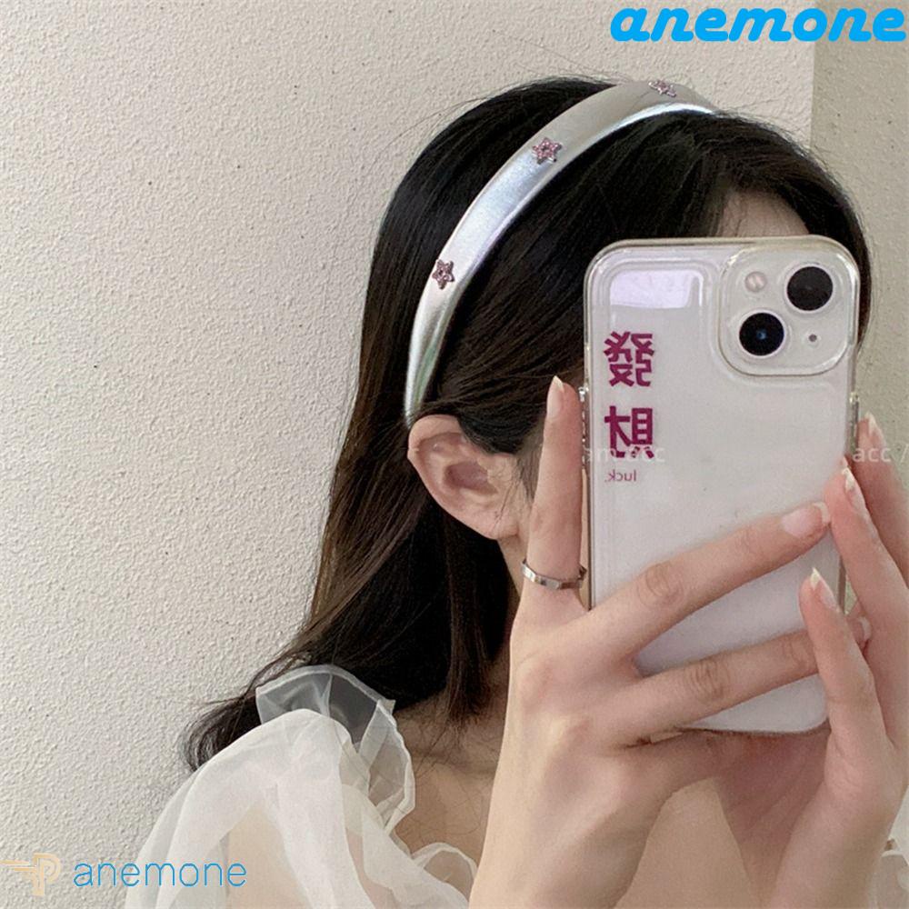 ANEMONE Băng Đô Cài Tóc Bằng Da Màu Bạc Cá Tính Phong Cách Hàn Quốc Y2K Cho Nữ