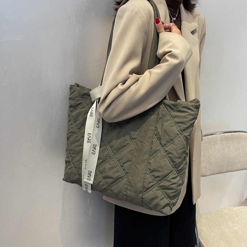 HT XIANSHENG Túi tote Đeo Vai cotton Sức Chứa Lớn Màu Trơn Họa Tiết Hình Thoi Đơn Giản Thời Trang Phong Cách Nhật Bản Cho Nữ