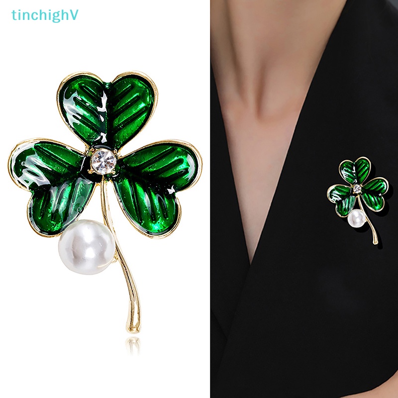 [TinchighV] Ghim Cài Áo Hình Cỏ Ba Lá Đính Ngọc Trai Màu Xanh Lá Thời Trang Cho Nữ