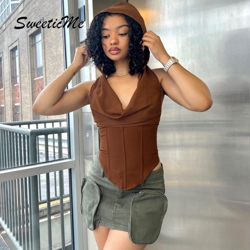 Áo Hoodie Không Tay Hở Lưng Dáng Ôm Màu Trơn Thời Trang Mới 2023 Dành Cho Bạn Nữ