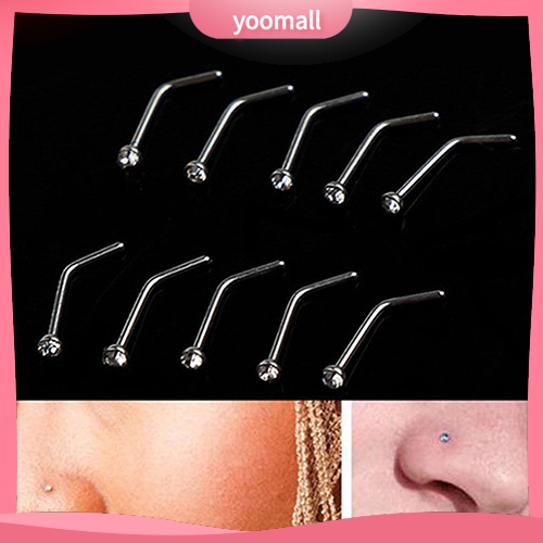 Set 10 Khuyên Mũi Thép Không Gỉ Đính Đá Nhân Tạo Thời Trang